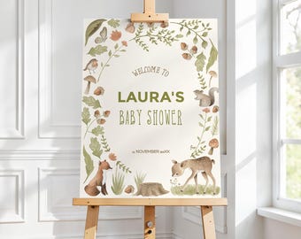 Woodland Boho Welcome Sign, Forest Animals Baby Shower Decor, Fox Deer Gender Neutral Poster, Printable Welcome Board, Editable Template