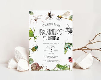 May include: A white invitation card with watercolor illustrations of various insects, including a spider, bee, dragonfly, and ladybug. The text reads "We're Buggin' Out For Parker's 5th Birthday" with event details.