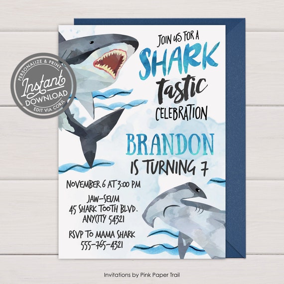 EDITABLE Shark Invitation, Shark Boy Birthday Invitation, Shark Birthday Party, Shark Party, Baby Shark Printable Instant Access Invite Il_570xn