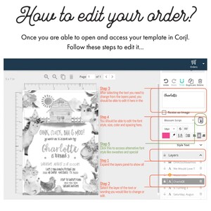 May include: A digital invitation template with a farm animal theme, featuring a watercolor illustration of a barn, cows, pigs, and chickens. The text reads "Oink, Cluck, Baa & Moo!" and "Charlotte is turning 3." Instructions on how to edit the template are also included.