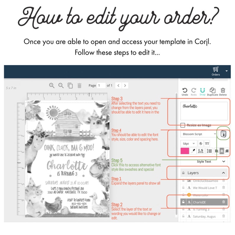 May include: A digital invitation template with a farm animal theme, featuring a watercolor illustration of a barn, cows, pigs, and chickens. The text reads "Oink, Cluck, Baa & Moo!" and "Charlotte is turning 3." Instructions on how to edit the template are also included.