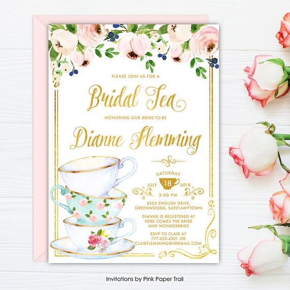 Bridal Shower Tea Party Invitation, Afternoon Tea Bridal Shower Invite, Blush Pink and Gold Floral Tea High Tea Printable Invitation Il_570xn