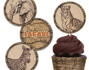 May include: Set of four round cupcake toppers featuring safari animals and a map design. The toppers feature a zebra, elephant, tiger, and a map with the word "SAFARI" printed on it.