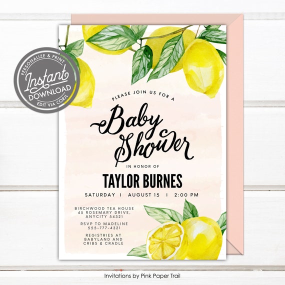 EDITABLE Lemon Baby Shower Invitation, Spring Summer Baby Shower, Lemon Greenery, Gender Neutral Baby Shower Invite Print Your Own Invite Il_570xn
