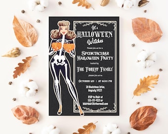 EDITABLE Halloween Birthday Party Invitation with Creepy Tree Pumpkin Grave Balloons, Birthday Halloween Invite Instant Access Template