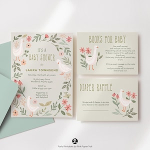Mother Goose Baby Shower Invitation Suite, Geese Spring Baby Shower Invite Template, Gender Neutral Goose Farm Baby Shower Invitation Set