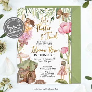 EDITABLE Floral Fairy Birthday Invitation, Garden or Woodland Fairy Birthday Flutter and Twirl Fairy Party Printable Instant Access Invite