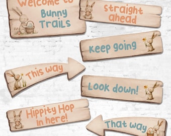 Editable Easter Egg Hunt Welcome Sign & Directional Signs, Large 14 inches wide Easter Party Printable Corjl Template