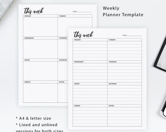 Printable Weekly Planner Template, Minimalist Weekly Planner Page A4 & US Letter, Productivity Organizer, Instant Download Stationery