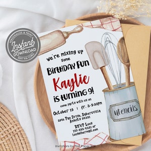 May include: A white and red kitchen-themed birthday party invitation for Kaylie's 9th birthday. The invitation features a watercolor illustration of kitchen utensils, including a rolling pin, spatula, whisk, and a can labeled "utencils". The text on the invitation reads "We're mixing up some birthday fun Kaylie is turning 9! Come party with us on October 15 from 3-5:00pm at 2846 Pan Drive, Bakersvilla, Angcity 54321. RSVP Lucy 777-555-4321 or Lucy@hermall.com. Invitations by Pink Paper Trail."
