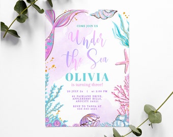 Editable Little Mermaid Under the Sea  Birthday Invitation Birthday Mermaid Purple Tail Printable Invite Template Instant Download