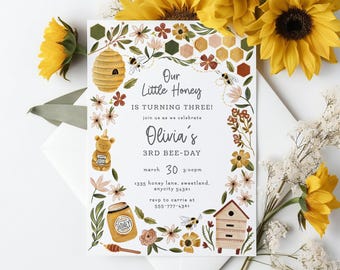 Editable Honey Bee Birthday Invitation Template, Bee Floral Garden Party Bee Birthday Party First Bee Day Editable Digital Template