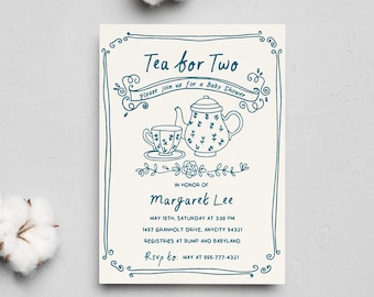 Tea Party Baby Shower Invitation Editable Template, Fun Quirky Doodle Tea Party Handwritten Baby Shower Illustrated Invite Downloadable