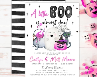 Halloween Baby Shower in Pink Invitation Template Cute Little Boo,Cute Pink Halloween Baby Shower Invite Editable Digital Template Printable