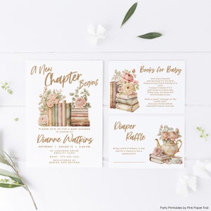 Book Theme Baby Shower Invite A New Chapter Storybook Baby Shower Party Invite Editable Template with Books for Baby Card with Diaper Raffle