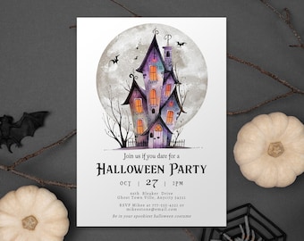May include: Halloween party invitation featuring a watercolor illustration of a haunted house under a full moon. The invitation includes event details: date, time, location, and RSVP information. Decorative elements include bats, pumpkins, and a spider web.
