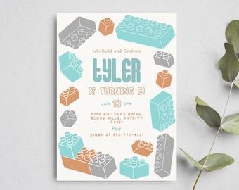 May include: A birthday invitation with a blue, gray, and orange Lego block theme. The invitation says "Let's Build and Celebrate Tyler is Turning 5!" with the date and time of the party, address, and RSVP information.