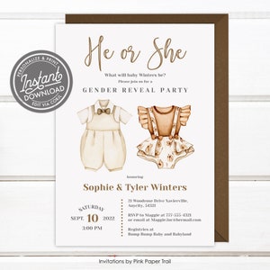 EDITABLE Boho Neutral Earth Tones Colours He or She Gender Reveal Baby Shower Invitation, Boho Style Baby Shower Printable Invite image 1