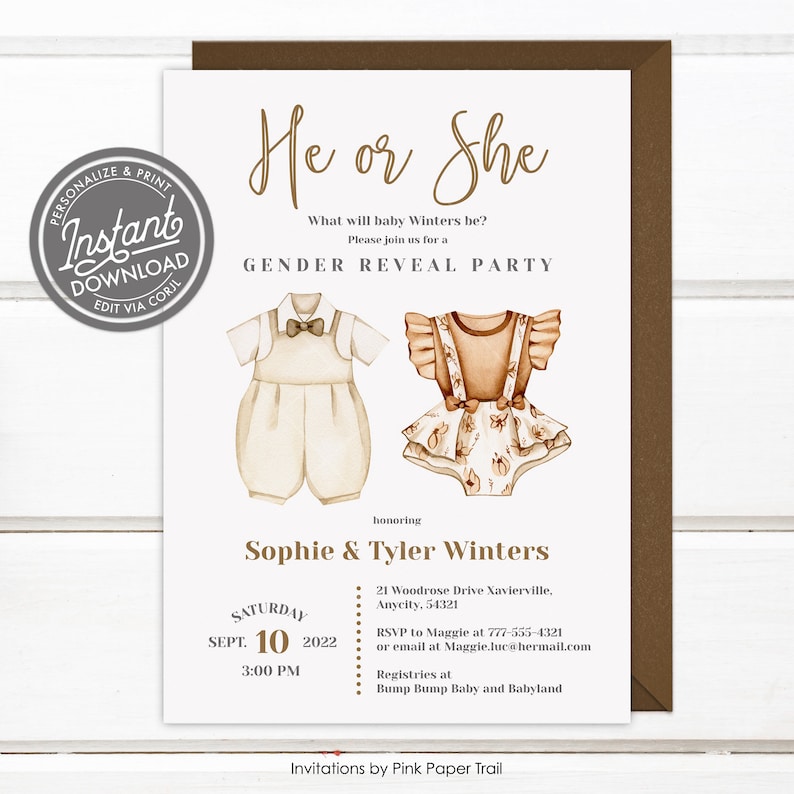 EDITABLE Boho Neutral Earth Tones Colours He or She Gender Reveal Baby Shower Invitation, Boho Style Baby Shower Printable Invite image 1