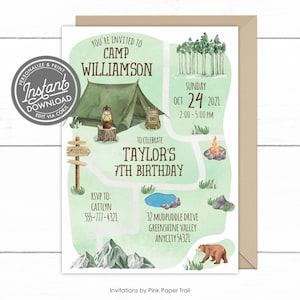 EDITABLE Camping Birthday Invitation, Camp Trail Outdoor Adventure Campsite Birthday Invite Printable Instant Access Invite