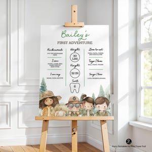 May include: A white sign on a wooden easel with the text "Bailey's FIRST ADVENTURE" in green script. The sign includes details about the child's weight (30 lbs), height (32 in), and favorite things, along with illustrations of children.