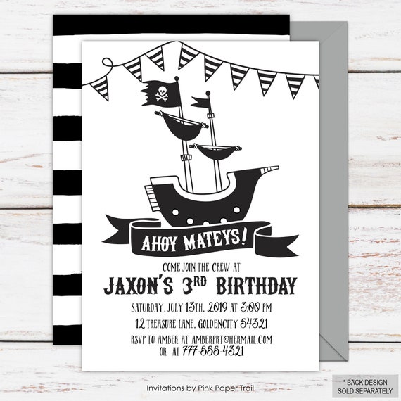 Pirate Birthday Invitation, Monochromatic Scandinavian Style Pirate Party Personalized Printable Digital Invitation Il_570xn