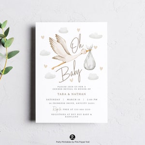 Stork Gender Neutral Baby Shower Invitation Template Editable, Special Delivery Baby Gender Reveal Invite Instant Access