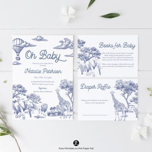 Editable Dusty Blue Toile De Jouy Safari Baby Shower Invitation, for Baby Boy Shower Editable Invitation, Instant Download, Corjl Template