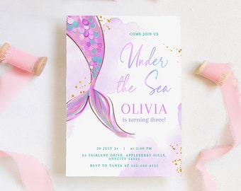 Editable Under the Sea Little Mermaid Birthday Invitation Birthday Mermaid Purple Tail Printable Invite Template Instant Download