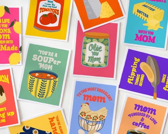 Funny Mothers Day Set, Quirky Food and Kitchen Pun Mothers Day set of 10 Cards, Modern Pop Hand Drawn Mothers Day Card
