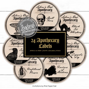 Halloween Potion Label Digital Download, 24 Different Round Apothecary Labels, Witch Potions, Halloween Clipart Instant Download