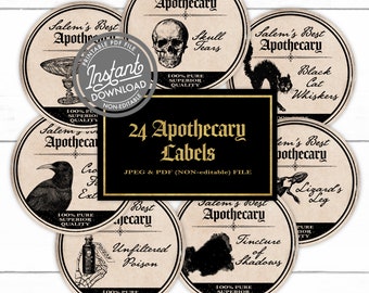 Halloween Potion Label Digital Download, 24 Different Round Apothecary Labels, Witch Potions, Halloween Clipart Instant Download