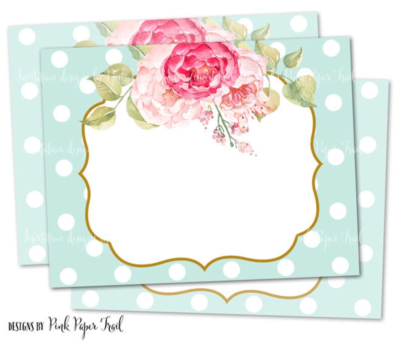 Sweet and Dainty Shabby Chic Flowers and Polka Dot Blank Card, Instant Download, Print Your Own image 1