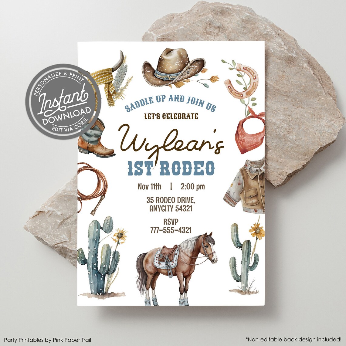 Editable First Rodeo Invitation Cowboy Birthday Invite Wild West ...