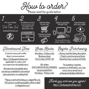 May include: Black and white graphic with instructions on how to order digital products from Pink Paper Trail on Etsy. The graphic includes five steps, a shop turnaround time, shop hours, and information about purchasing digital products. The text includes the shop's Etsy URL: pinkpapertrail.etsy.com