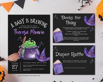 May include: A black and purple invitation for a baby shower with a witch's cauldron, broom, and hat. The text reads "A Baby is Brewing" and "Theresa Monrie". There are also cards for a diaper raffle and books for baby.