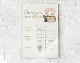 May include: A printable first birthday sign featuring a pink and white flower cart with a chalkboard sign. The sign includes the name "Camryn's" and the text "First Birthday". The sign also includes sections for nickname, birth stats, loves, personality, stats now, favorite food, dislikes, and favorite movies.