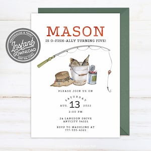 EDITABLE Fishing Birthday Invitation Template, O-fish-ally The Big ONE, Minimalist Gone Fishing Party Invite Template Instant Access Corjl