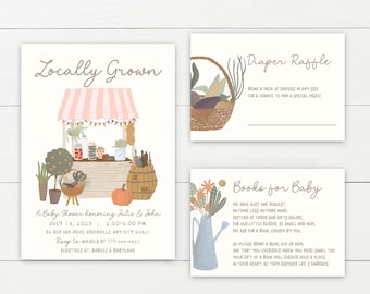 EDITABLE Farmers Market Baby Shower Template Locally Grown Couples Baby Shower Invitation Suite with Diaper Raffle and Books for Baby