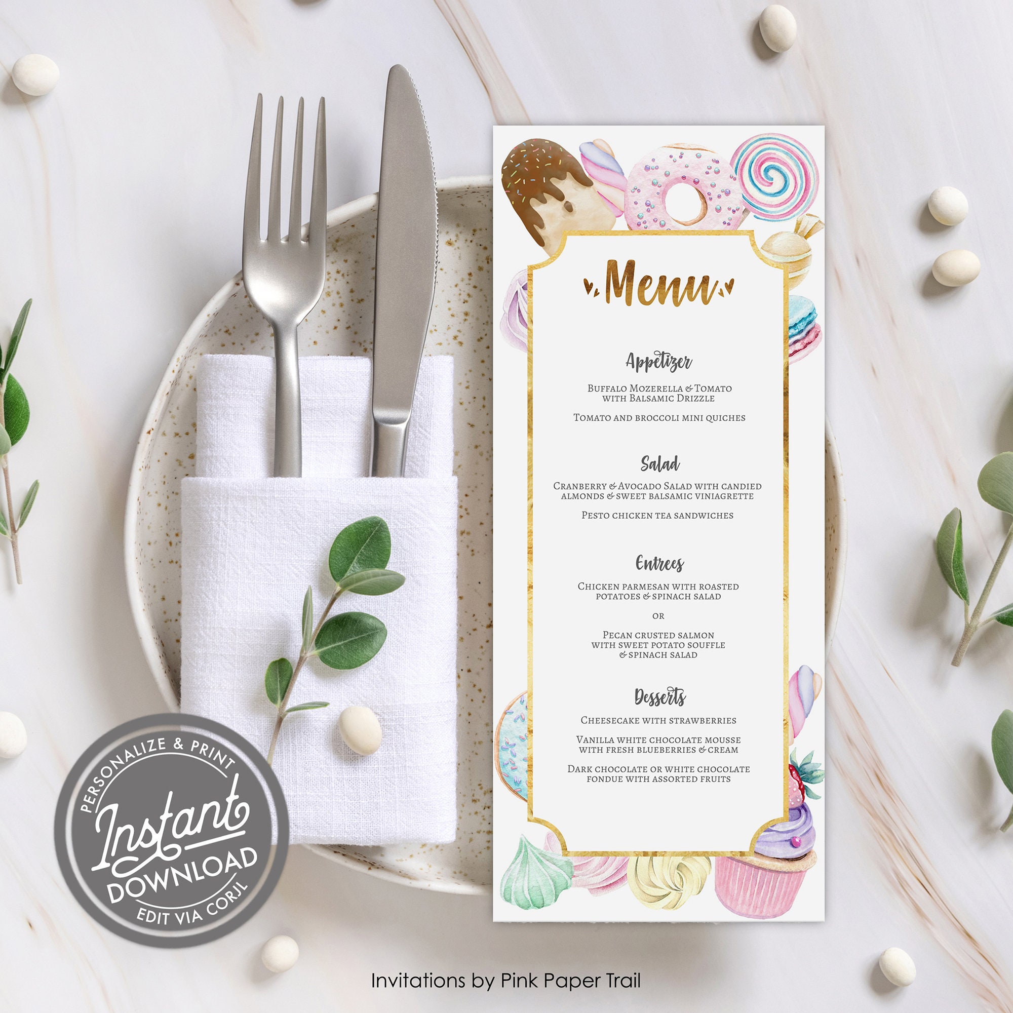 EDITABLE Sweets Pastels and Gold Donut Candies Dessert Themed Menu Card ...