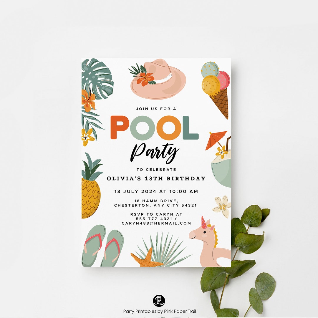 Editable Summer Tropical Pool Party Birthday Party Invitation Girly ...