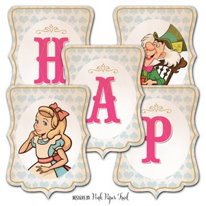 Alice in Wonderland Un-Happy Birthday Banner Instant Download, Alice Tea Party Happy Birthday Banner Bunting Pennant Print Your Own