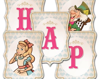 Alice in Wonderland Un-Happy Birthday Banner Instant Download, Alice Tea Party Happy Birthday Banner Bunting Pennant Print Your Own