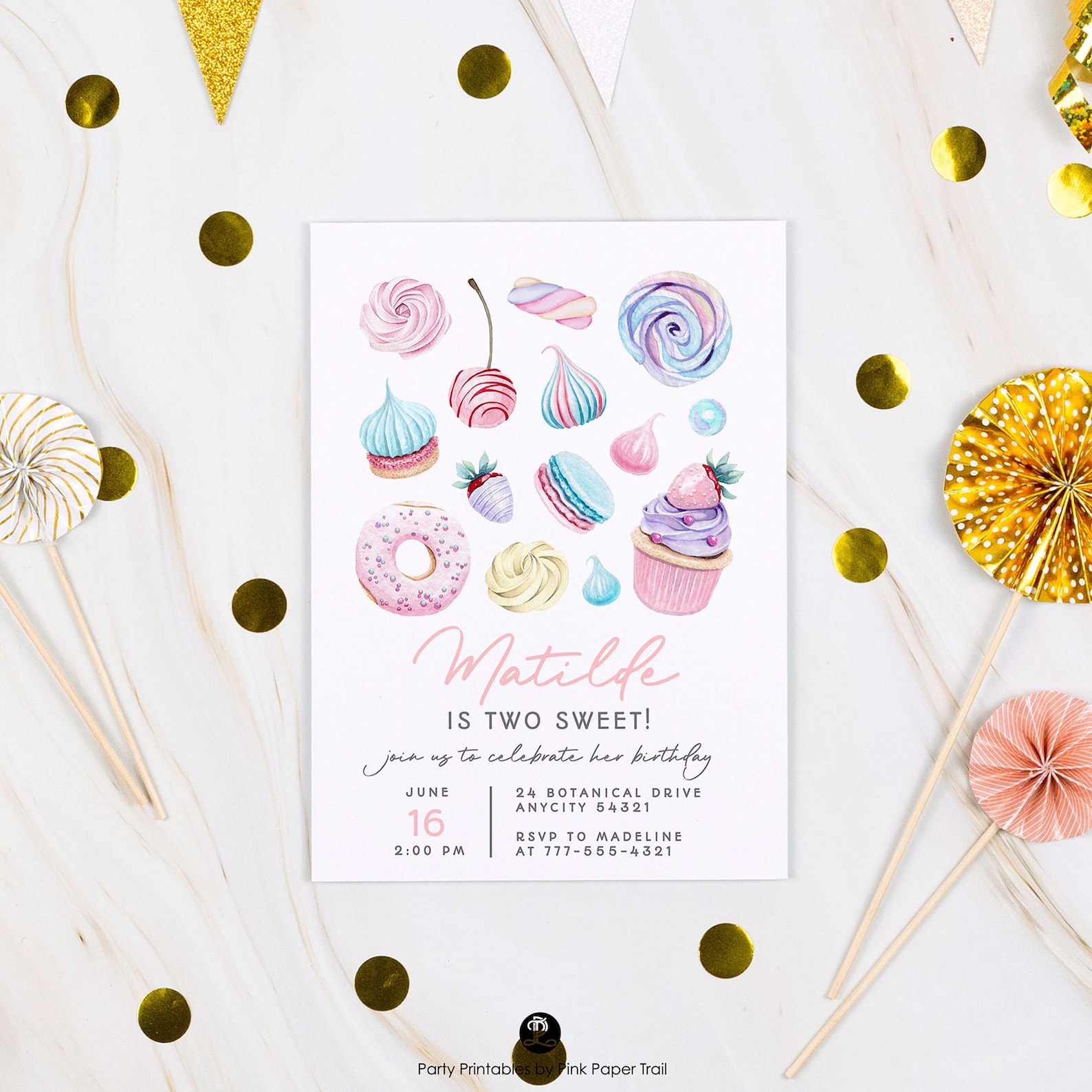 EDITABLE Sweets Birthday Party Invitation Pastels and Gold Donut ...