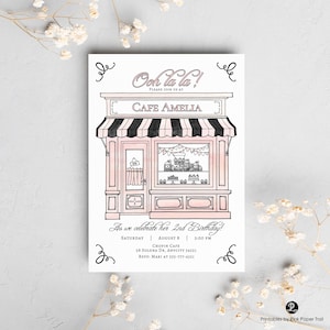 May include: A pink and black illustrated invitation card with the text "Ooh la la!" and "Cafe Amelia." The card is for a second birthday celebration at Chopin Cafe, with date, time, and RSVP information.