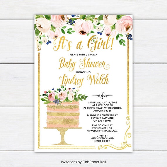 Love is Sweet Bridal Shower Cake Invitation Sweet Dainty Blush Pink and Gold Glitter Floral and Cake Bridal Shower Party Invitation