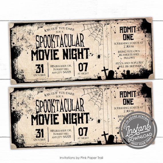 EDITABLE Spooktacular Backyard Movie Night Halloween Invitation, Ticket Syle Movie Night Party Halloween Invitation, Digital Print Your Own Il_570xn