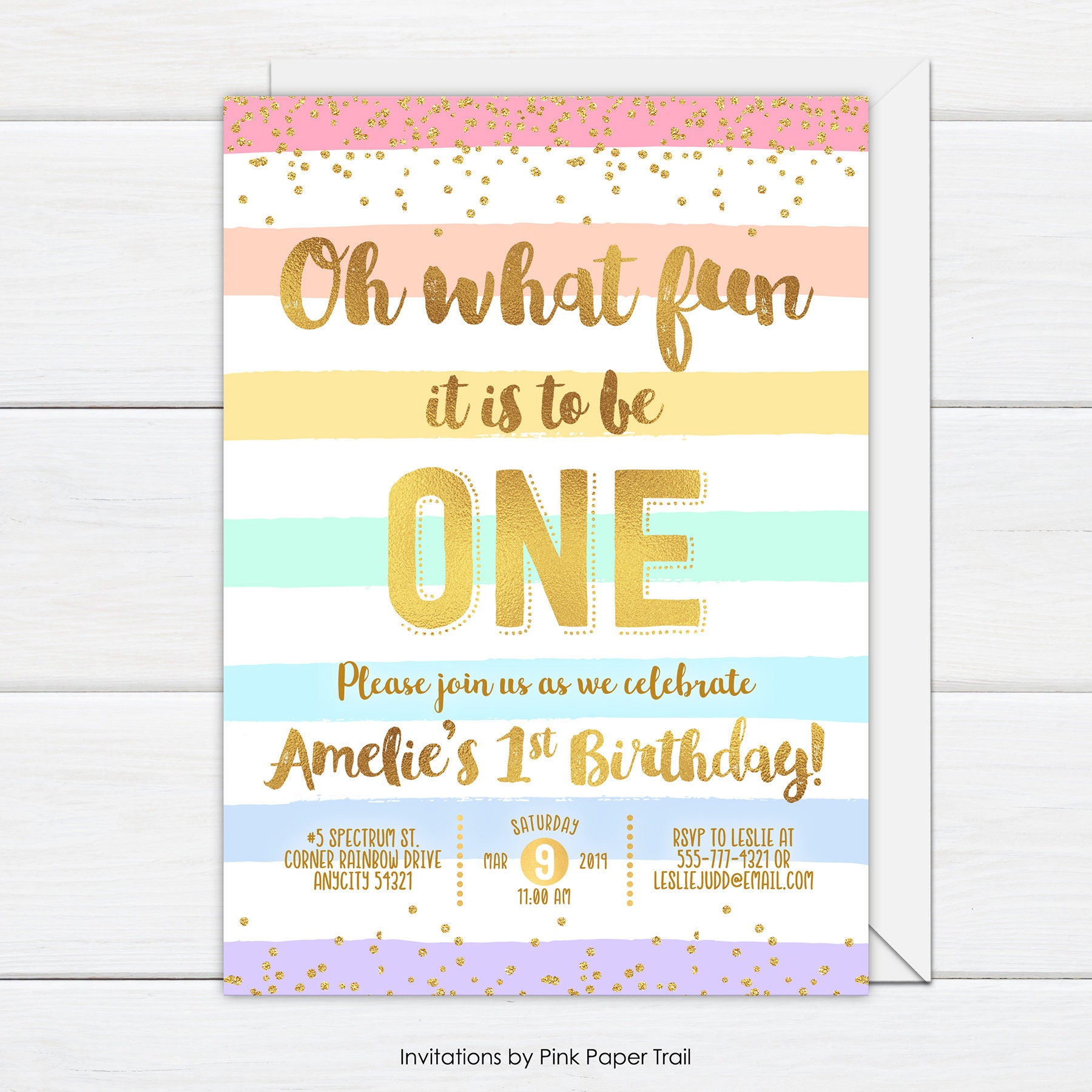 Pastel Rainbow Birthday Invitation Pastel Colors and Gold Etsy
