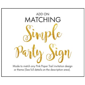 Könnte beinhalten: Passendes einfaches Party-Schild mit goldfarbenem Glitzer-Schriftzug. Passend zu jedem Einladungsdesign oder Thema von Pink Paper Trail. Alle Details finden Sie im Beschreibungsbereich.