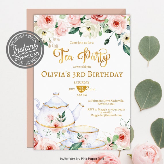 EDITABLE Tea Party Invitation, Tea Party Birthday Invite, Pink Floral High Tea Party, Floral and Gold Tea Party Template Printable Invite Il_570xn